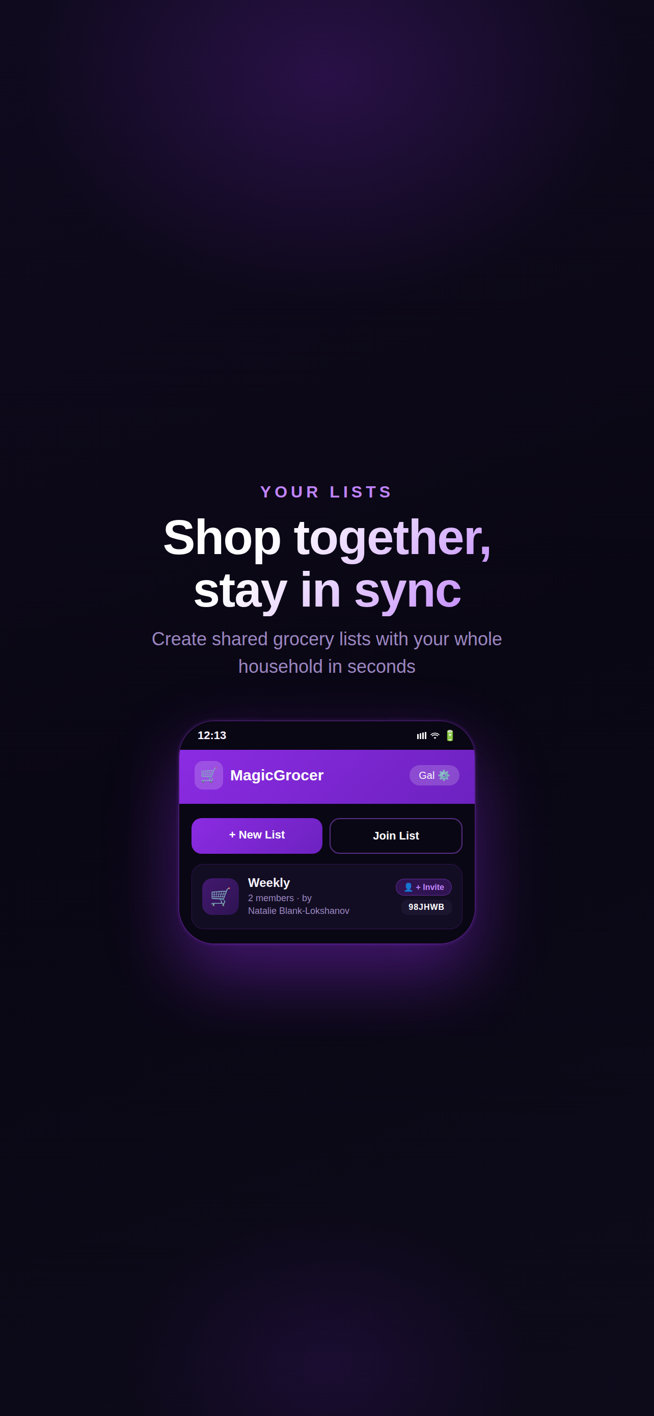 MagicGrocer home screen showing your grocery lists