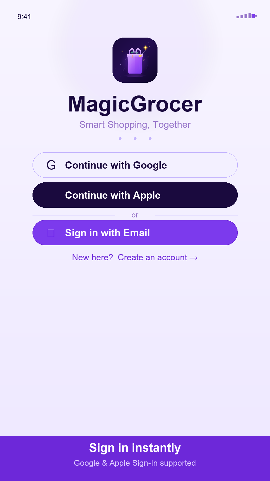 MagicGrocer sign-in screen with Google and Apple login