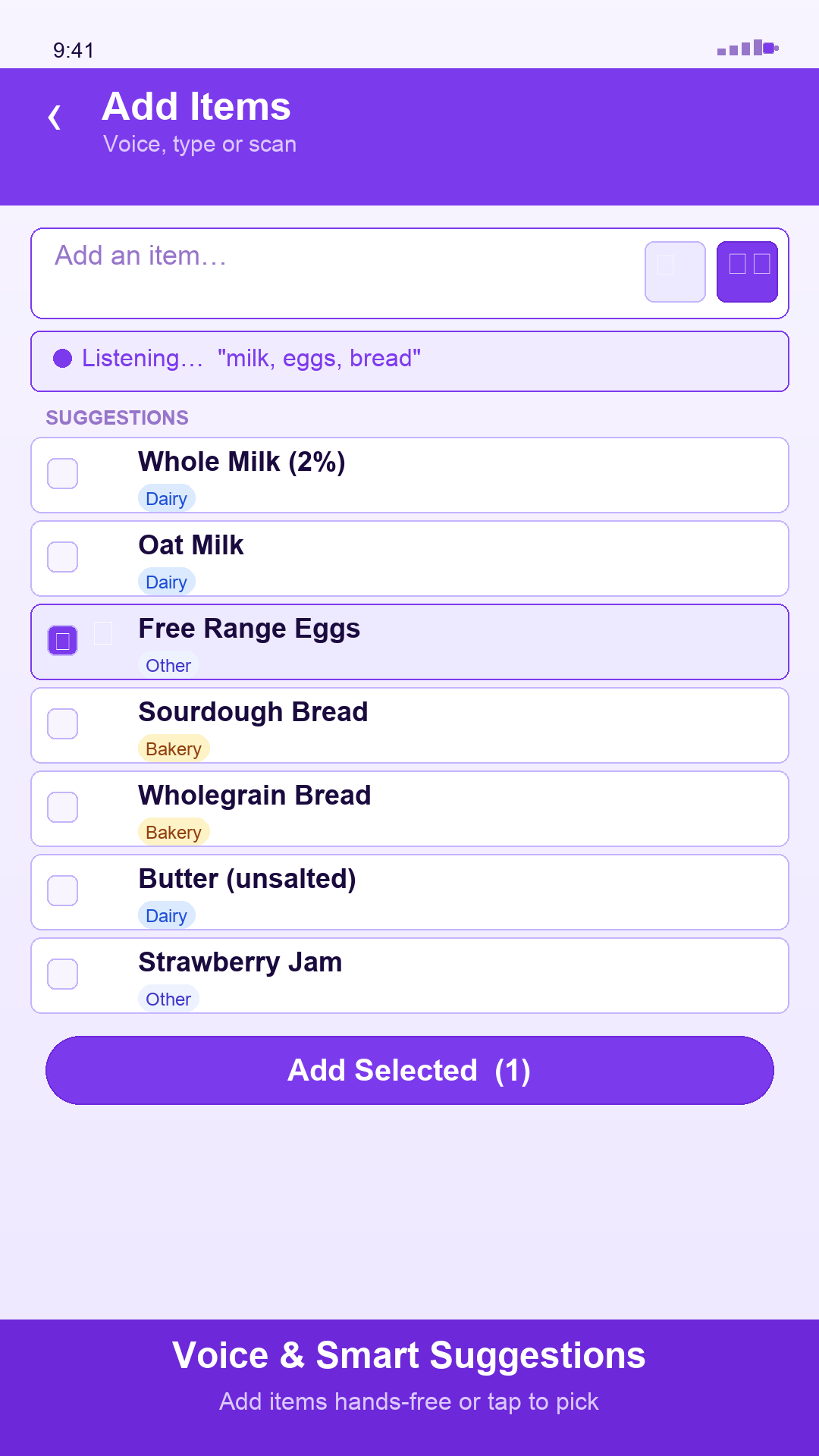 MagicGrocer add items with voice input and smart suggestions